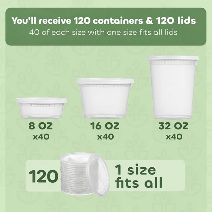 120 Sets Plastic Deli Containers with Lids - 8oz, 16oz Pint & 32oz Quart | Leak Proof, Microwaveable, Dishwasher & Freezer Safe - Plastic Food Storage, Meal Prep, Restaurant & Soup Containers