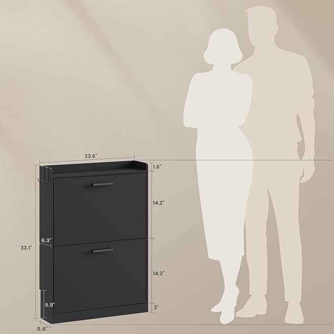 Shoe Cabinet Organizer with 2 Flip Drawers, Freestanding Shoe Rack Cabinet, 23.6" W × 6.3" D × 33.1" H Narrow Shoe Cabinet Storage for Entryway, Foyer, Hallway, Black