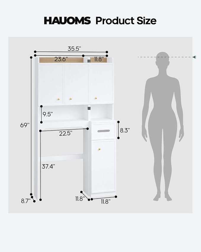 7-Tier Over Toilet Storage Cabinet, 2-in-1, Separable Bathroom Storage | Over-Toilet and Tall Narrow Cabinet, with Doors, Adjustable Shelf, Big/Small Room, Laundry, Tissue Holder, Anti-Tip, White