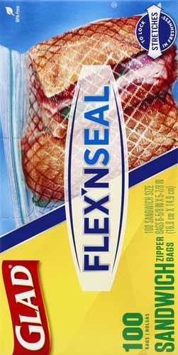 GLAD FLEXN' SEAL Zipper Food Storage Sandwich Bags, On-the-Go Snack and Lunch Bags, Zipper Sandwich Sealer, Microwave Safe, BPA Free, 100 Count (Pack of 1)