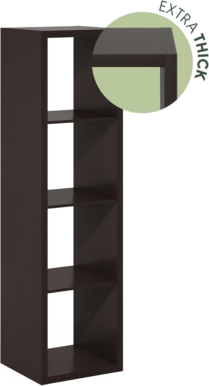 Furinno Cubicle 4-Cube Book Shelf, Extra Thick Vertical Bookshelf, Dark Oak | Horizontally & Vertically Reversible Bookcase with Open Back, 14.6" x 16" x 58",For Living Room, Bedroom, Home Office