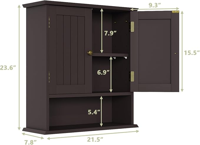 Smuxee Brown Bathroom Cabinet Wall Mounted, Small Medicine Cabinet with 2 Door Adjustable Shelves, Wall Cabinet Over Toilet for Laundry Room Kitchen