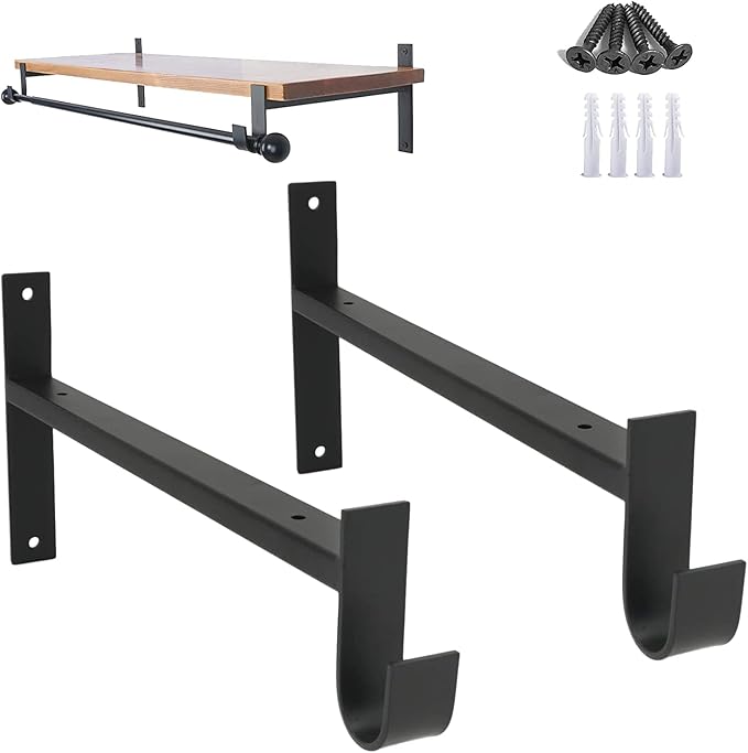 AddGrace Closet Rod Bracket Heavy Duty Shelf Brackets Black 10 Inch 2 Pack | Fit for Closet Wardrobe Laundry Room and Kitchen, with Hook, Store Above and Hang Below, Supports 66 lbs, Easy to Install