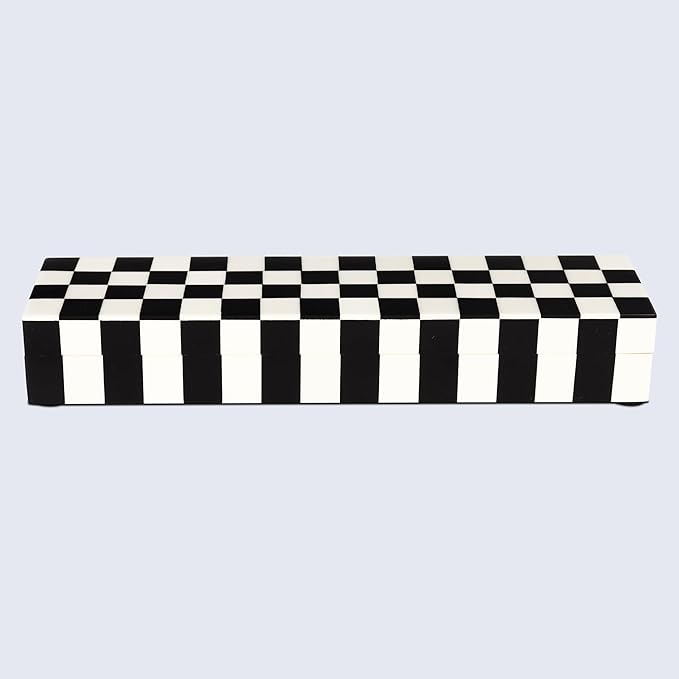 Handicrafts Home Decorative Storage Box with Lid, Black and White Decorative Remote Control Box, Slim Coffee Table Storage Box, Decorative Box for Shelf, Desk & Living Room Decor, 10 x 2.5 x 1.5