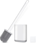 Silicone Toilet Brush and Holder Bendable Efficient Cleaning Wall Mounted Toilet Bowl Brush with Long Handle Brush Head and Silicone Bristles No Rusty Handles Problem (White)