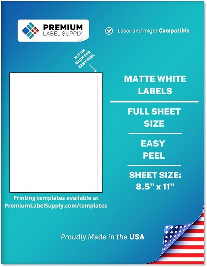 Premium Label Supply White Sticker Full Sheet Shipping Labels – 8.5" x 11" – Laser/Inkjet Compatible – (1 per Sheet), 25 Sheets - Letter Size