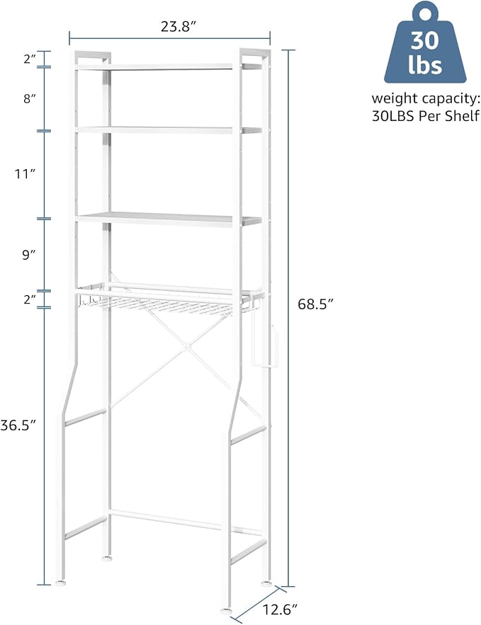 DUMOS Over-The-Toilet Storage Rack, 4-Tier Bathroom Organizer with Basket | Freestanding Above Toilet Storage Cabinet with Adjustable Shelf, Space Saver Bathroom Cabinet with 3 Hooks for Rooms, White