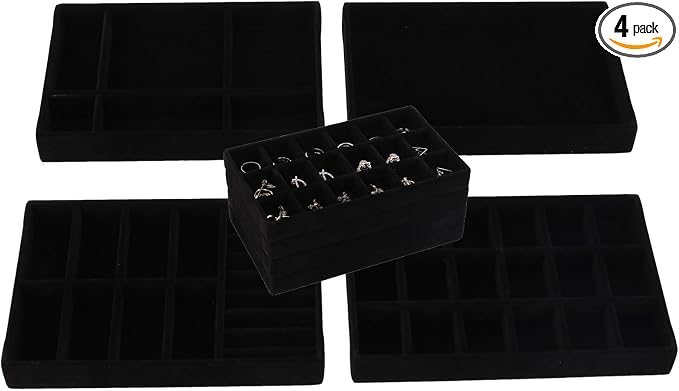 Stackable Jewelry Organizer Trays for Drawer, Set of 4 Velvet Jewelry Drawer Inserts in Dresser, 8in Storage Display Case for Rings Stud Necklaces Accessories(Black)