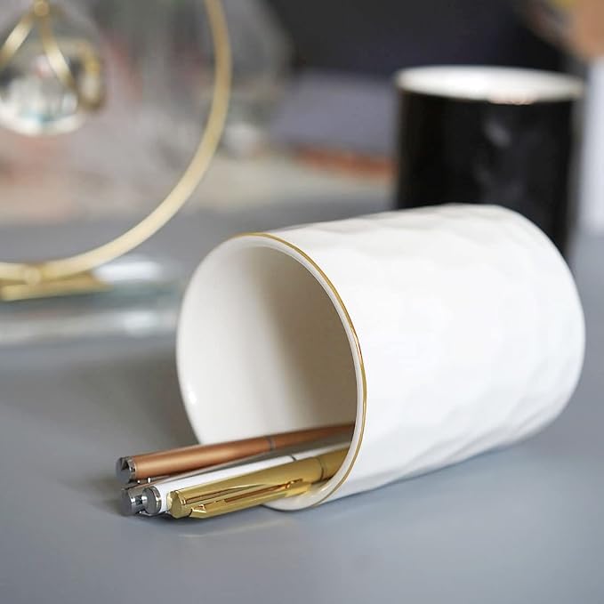 HANKOR Ceramic Pen Holder Cup Pencil Holder for Desk, Makeup Brush Holder Organizer for Office Home, White