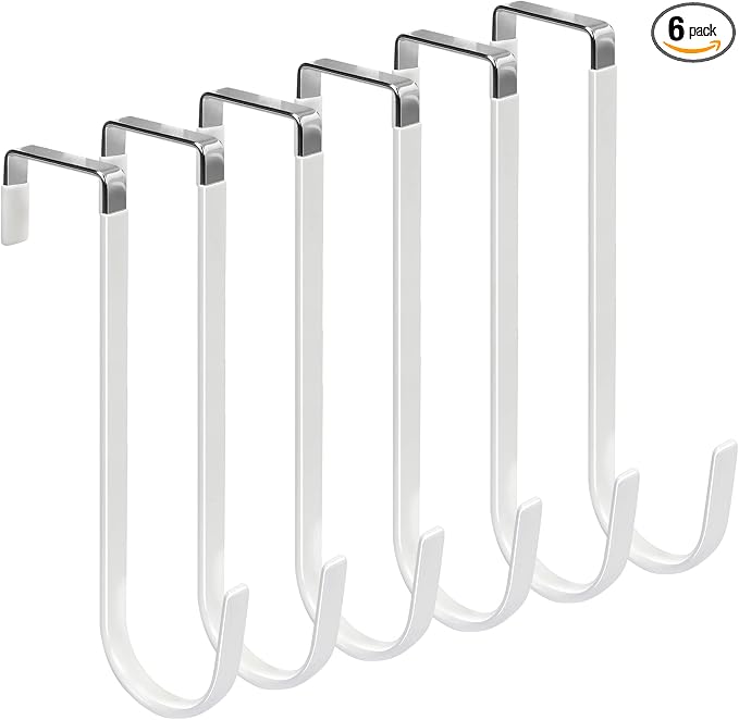 FYY Over the Door Hooks, Single-Hanger 6 Pack, Fits Doors 1.6" White | Heavy Duty Metal, Hold 20lbs, Rubber-Coated, No-Drilling, for Bathroom Dorm, Hanging Towels Clothes Hats Bags Coats Wreaths
