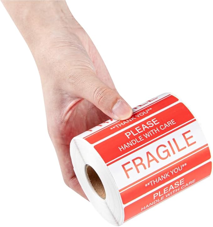 Restaurantware Label Tek 3 x 2 Inch Packaging Stickers 500 Premium Shipping Labels - Handle with Care Sustainable Red and White Paper Inventory Stickers High-Visibility with Strong Adhesives