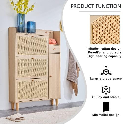 GIA Modern Minimalist Storage Cabinet with Rattan Design, Natural, 4-Door