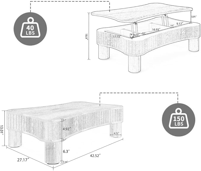 Lift Top Coffee Table with Hidden Storage Fluted Panel Silent Hydraulic Lift Curved Corners (Walnut)