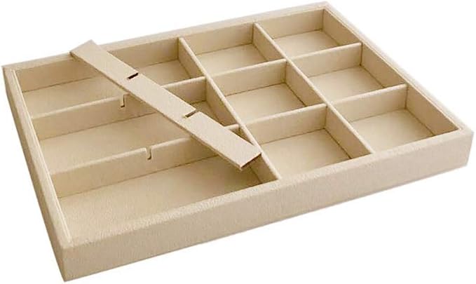 Beige Velvet Jewelry Accessory Organizer Tray 12 Compartment, Stackable Ring & Earring Display Tray, Removable Dividers, Slim Drawer Insert for Rings Earrings Small Jewelry, Dressing Table