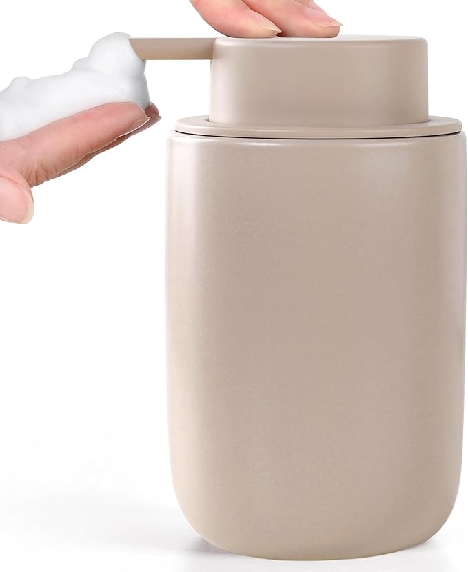 BosilunLife Foam Soap Dispenser, Hand Pump Dispenser for Kitchen Sink | Ceramic Foaming Hand Wash Dispenser for Bathroom Modern Farmhouse Small Soap Dispenser Lotion (Khaki, Foam Pump)