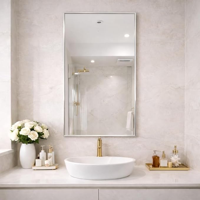 Head West Spectrum Modern Rectangular Mirror 22" x 34", Brushed Nickel Finished Stainless Steel Framed Bathroom Mirrors for Over Sink and Living Room and Entry Way