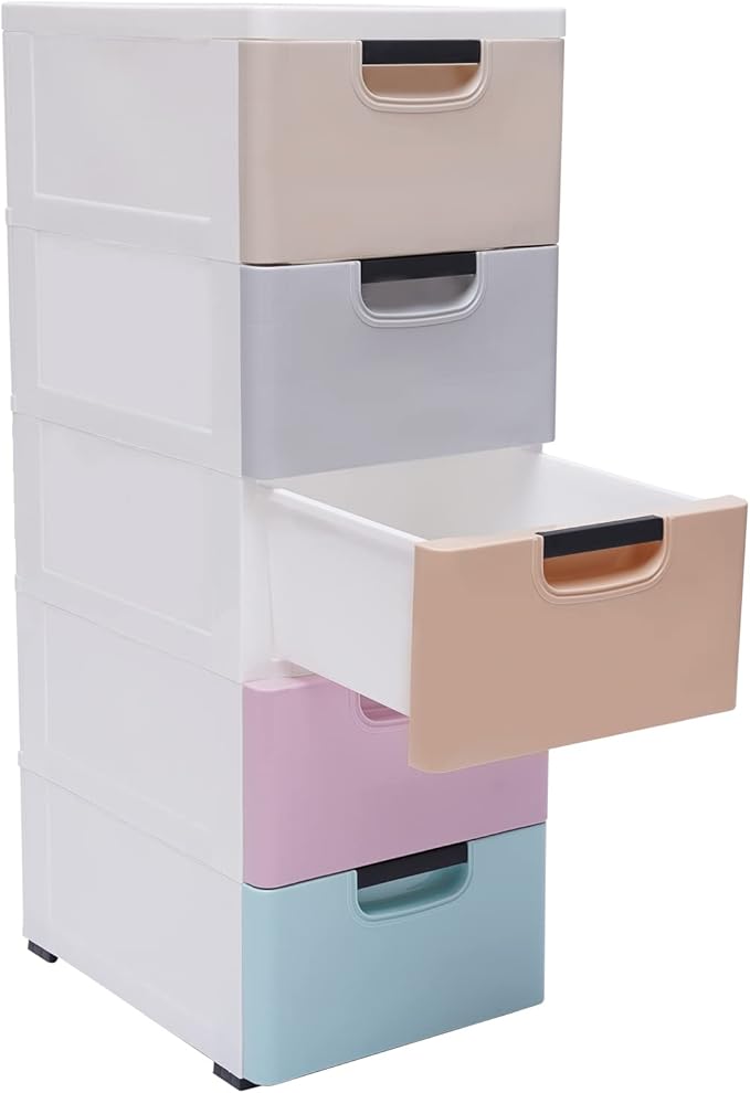 Plastic Storage Cabinet Stackable Storage Cart 5 Drawer Containers Storage Organizer Unit Mobile Stacking Bins [Multi Color 11.8"x15.7"x33.1"]