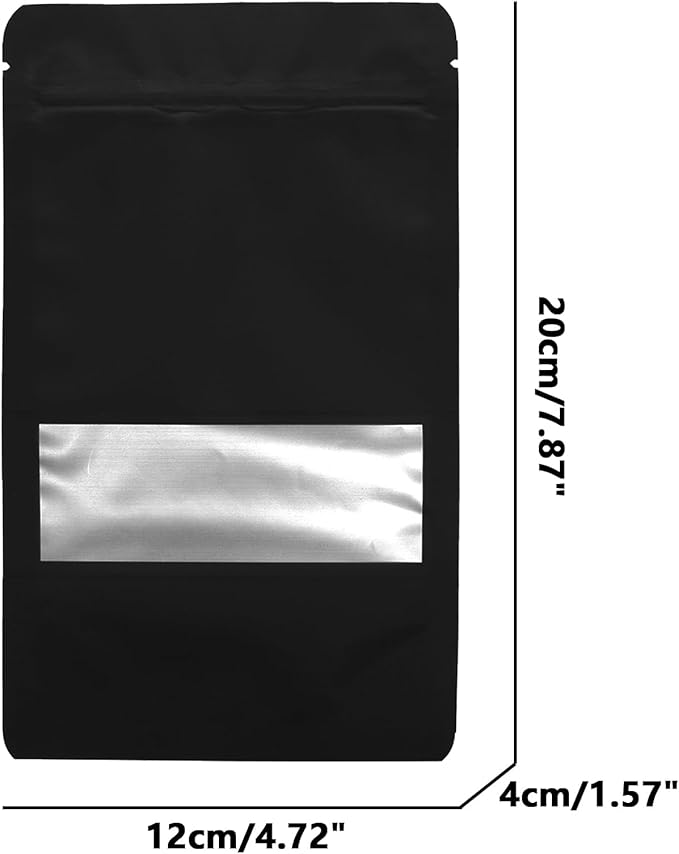 100PCS Foil Pouch Mylar Bags with Clear Window,ULIFESTAR Stand Up Sealable Bags with Tear Notches,Resealable for Food,Party Favors,Gift Packaging and Small Business(12 * 20cm/4.72 * 7.87",Black)