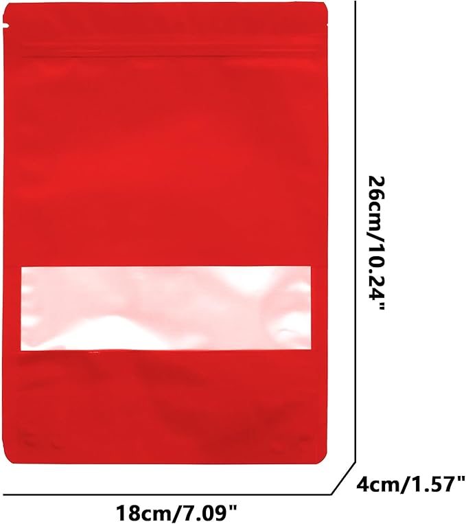 50PCS Foil Pouch Mylar Bags with Clear Window,ULIFESTAR Stand Up Sealable Bags with Tear Notches,Resealable for Food,Party Favors,Gift Packaging and Small Business(18 * 26cm/7.09 * 10.24",Red)