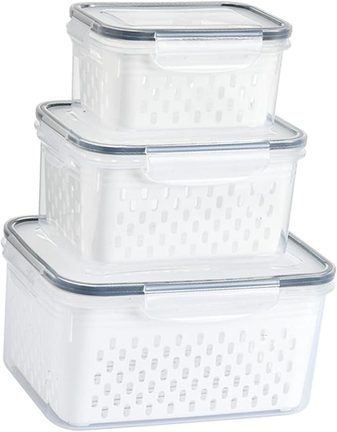 Srliya Pack of 3 Drain Storage Basket, Transparent LeakProof Food Storage Containers with Removable Strainer for Refrigerator