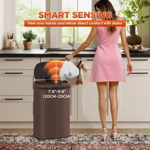 13 Gallon Automatic Trash Can with Lid, Touch Free Stainless Steel Kitchen Trash Can Touchless Garbage Can 50L High Capacity Electronic Sensor Trash Bin Waste Bin for Room Kitchen Office (Brown)