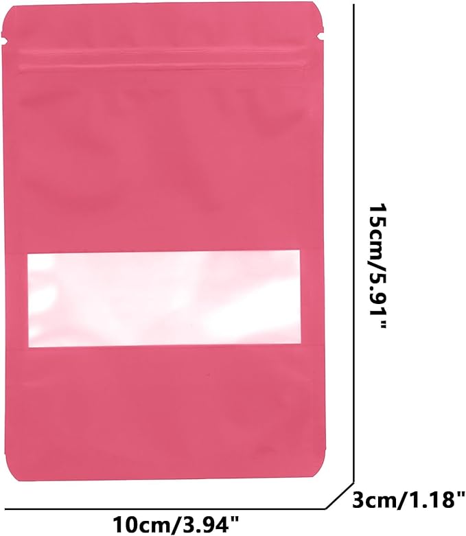 100PCS Foil Pouch Mylar Bags with Clear Window,ULIFESTAR Stand Up Sealable Bags with Tear Notches,Resealable for Food,Party Favors,Gift Packaging and Small Business(10 * 15cm/3.94 * 5.91",Pink)