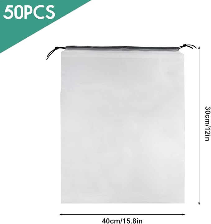 50 Pcs Shoe Bags for Travel，PLULON 15.7" x 11.8" Clear Drawstring Storage Plastic Bags Shoes Organizer for Packing Waterproof Dustproof Women Men Portable Travel Essentials
