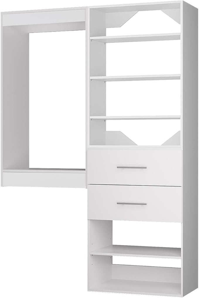 ROOMTEC Modular Closet System, 58" Wall Mounted Closet Organizer with Hanging Rods and Drawers, Wooden Tower for Walk-In Closets, Wardrobe Storage Kit, White