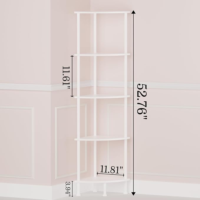 5-Tier Corner Shelf Stand, 52" Industrial Corner Display Rack for Living Room, Bookshelf, Tall Display Shelf, Plant Stand, Storage Standing Shelf for Bedroom, Bathroom, Kitchen, White