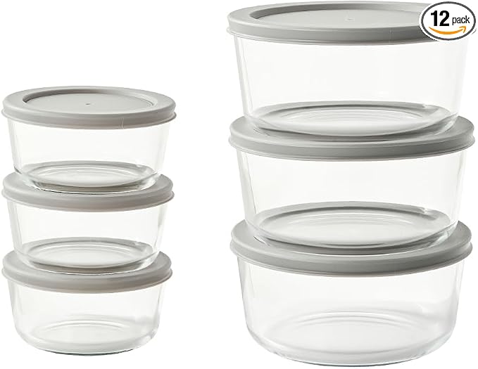 12-Piece Glass Food Storage Containers Set (6 Containers + 6 BPA-Free Lids) | 2-Cup & 4-Cup, Leakproof | Microwave, Freezer, Oven & Dishwasher Safe | Ideal for Meal Prep & Pantry Organization, Grey