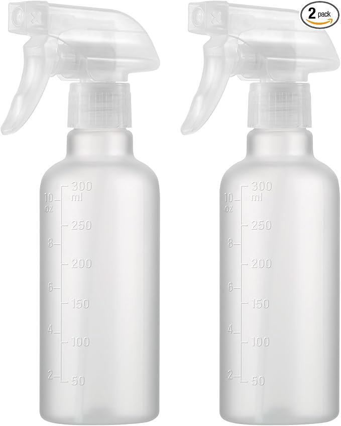 Leakproof Spray Bottles (2 Pack 10 oz), Adjustable Fine Mist & Jet Stream Nozzle, Premium BPA-Free Frosted Plastic Multi-Purpose for Hair, Plants, Cleaning (2 PACK FROSTED CLEAR)