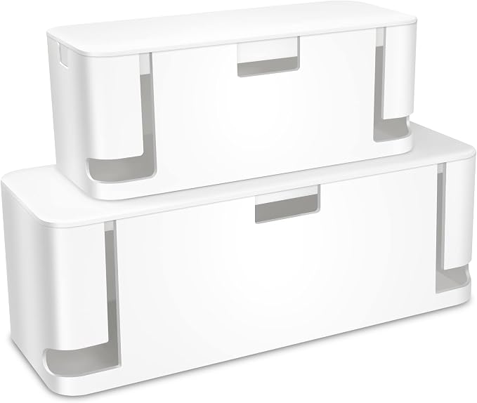 ZhiYo 2 Pack Cable Management Box, Medium & XL, Power Strip Organizer White | Hidden Rear Cable Routing, Durable ABS Construction, Fits Power Strips Up to 13.4", Ideal for Desks, TV Areas & Floor Corners