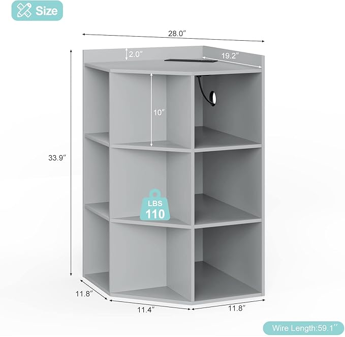 HedoAjim Corner Cabinet, Corner Storage Shelf with USB Ports and Outlets Industrial Organizer for Small Space Wooden 9-Cubby Bookshelf for Study, Playroom, Living Room (Grey)