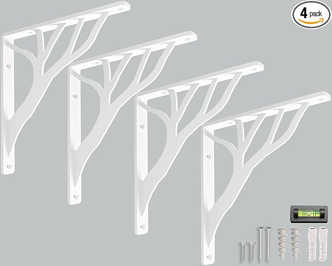 Rustic Tree White Heavy Duty Shelf Brackets 10 inch by Balin Designs, Decorative L Brackets, Iron Metal Floating Shelf Bracket, Wall Mount Shelving Bracket, Included Hardware, Set of 4