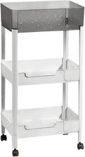 3 Tier Rolling Cart with Wheels 4.7'' Deep Baskets Bathroom Storage Shelf Heavy Duty Plastic Bedside Cart, Large Capacity Snack Stand Diaper Caddy Laundry Room Kitchen Organizer, White