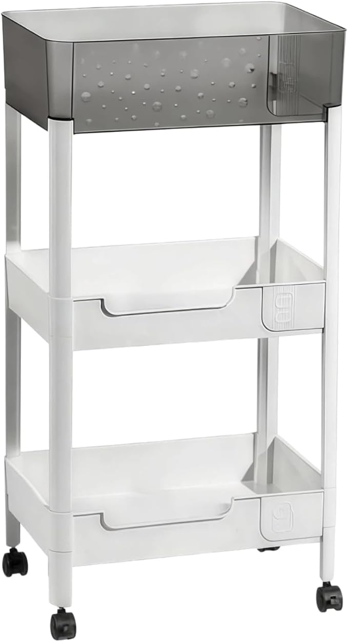 3 Tier Rolling Cart with Wheels 4.7'' Deep Baskets Bathroom Storage Shelf Heavy Duty Plastic Bedside Cart, Large Capacity Snack Stand Diaper Caddy Laundry Room Kitchen Organizer, White