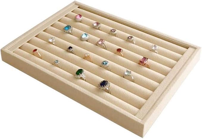 Premium Grade Beige Velvet Jewelry Organization Tray for Rings Drawer Insert Divider Closet Organizer
