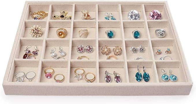Oirlv Stackable Linen Jewelry Tray Adjustable 24 Grid Jewelry Storage Case for Drawer or Showcase