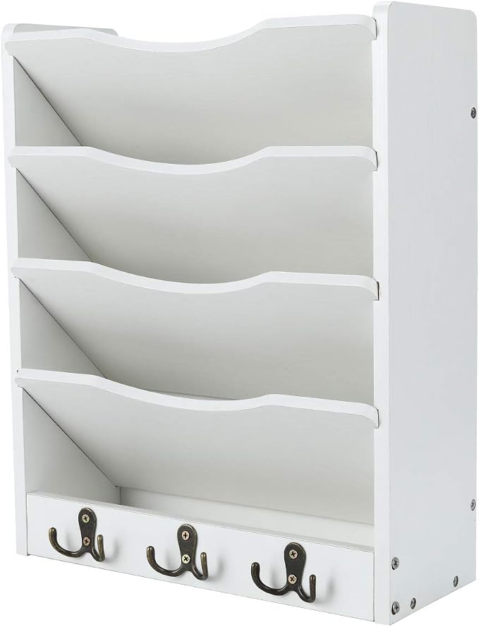 PAG 5-Tier Wall File Holder Hanging Mail Organizer Wood Magazine Literature Rack with 6 Hooks, White