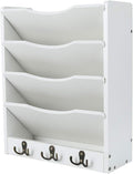 PAG 5-Tier Wall File Holder Hanging Mail Organizer Wood Magazine Literature Rack with 6 Hooks, White