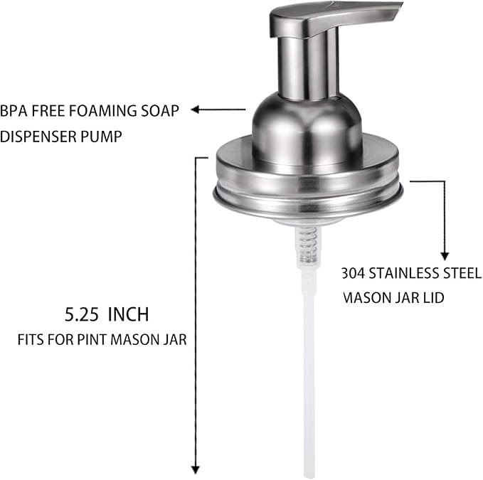 Amolliar Mason Jar Foaming Soap Dispenser Pump Lids (6 Pack), Refillable Foaming Pump Replacement for 16oz Regular Mouth Mason Jar, Waterproof Sticker, Kitchen Bathroom Farmhouse Decor, Brushed Nickel