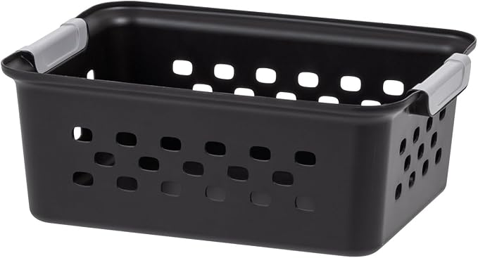 IRIS USA 12-Pack, Small Plastic Storage Basket, Black | Organize pantry items, office supplies, crafts, accessories, and household essentials with easy-carry storage for shelves