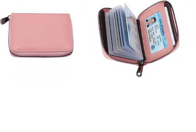 Genuine Leather Credit Card Holder, Wallet Case, Bank Card Case, RFID Blocking Secure Card Case, ID Case, Organizer Zipper Wallet 1 Pcs - Pink