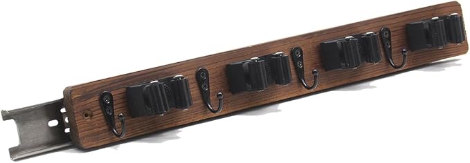 Right Pull Out Mop and Broom Holder, Rustic Wood Broom Hanger with 4 Slots and 4 Hooks for Home Décor, Kitchen, Laundry Room and Closet, Broom and Mop Organizer Wall Mount for Garage Organize