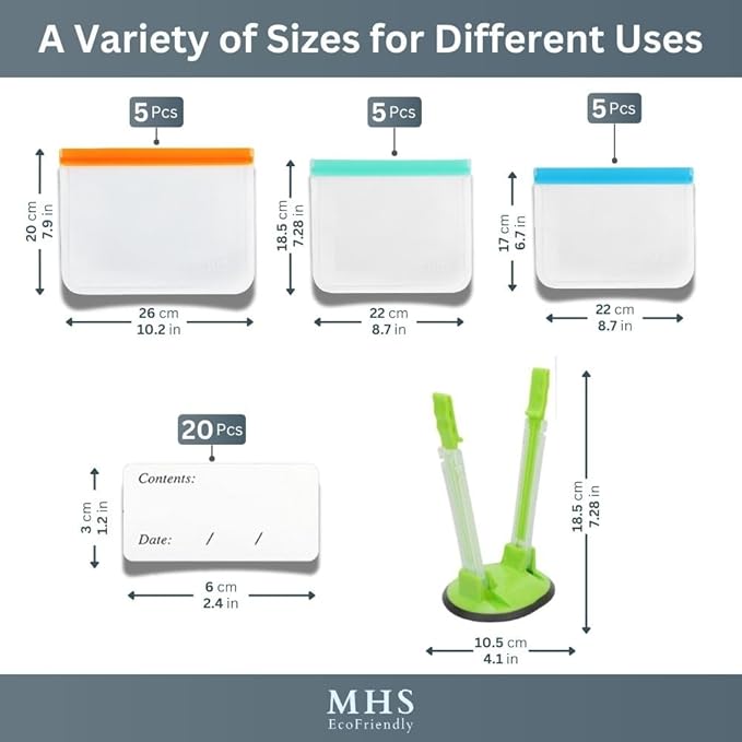 MHSEcoFriendly® Meal Prep Storage Kit - 15 Reusable Freezer Bags, Baggy Rack, & 20 Strong Freezer Labels | BPA-Free, Leakproof, & Multipurpose Food Storage