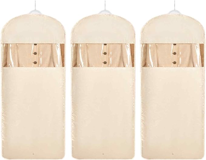 Space Saving Hanging Garment Bag with Self Compression Zipper，Dust Cover Clothes Bags for Down Coat,Dress,Suit，Closet Storage Organizer for Home Travel Use(Beige, XL)