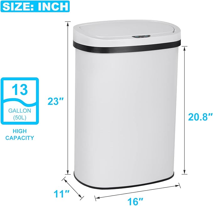 Bigacc 13 Gallon Touch Free Automatic Stainless Steel Trash Can Garbage Can Metal Trash Bin with Lid for Kitchen Living Room Office Bathroom, Electronic Motion Sensor Automatic Trash Can - White