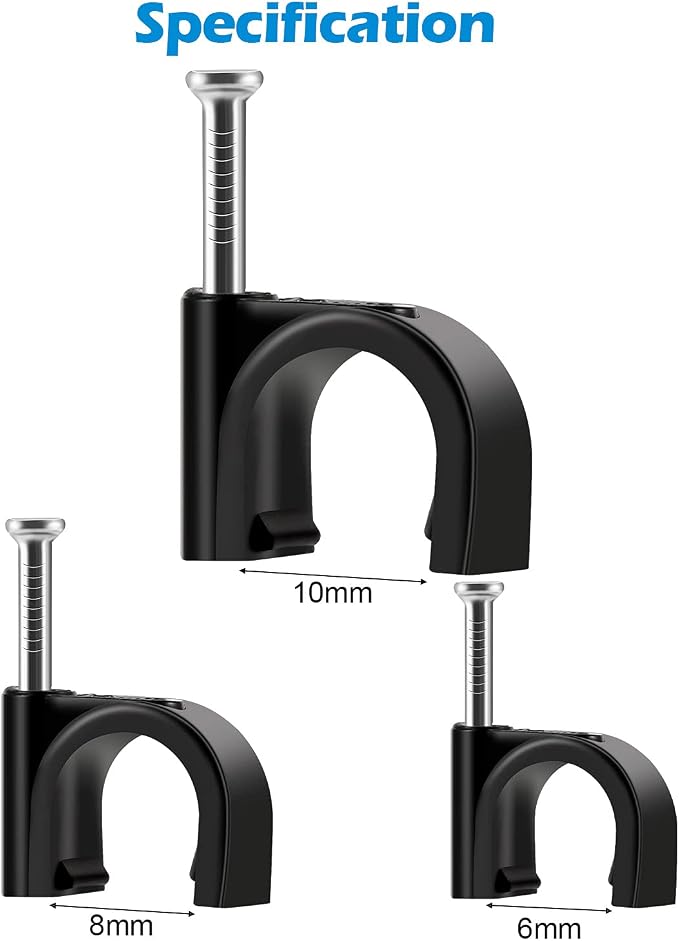 Cable Clips Black with Steel Nails 10mm Wire Clips to Wall, Black Round Cable Nail Clips (0.39in/10mm)