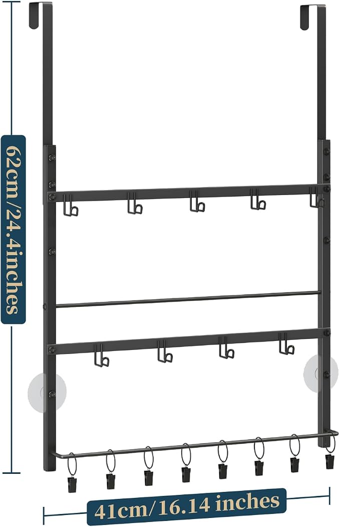 Consumest Over the Door Organizer - 3 Tier Door Hanger Hooks for Hanging Clothing, 24 Inches Long Coat Hanger for Bedroom, Bathroom, Laundry or Dorm Room, Black