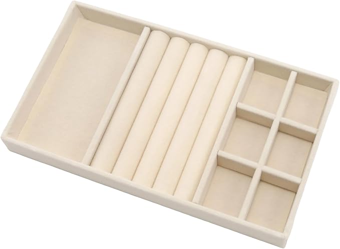 Velvet Jewelry Organizer Trays Beige Stackable Jewelry Storage Display Tray with Removable Dividers, 3-in-1